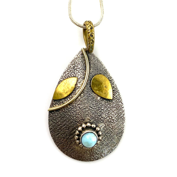 Larimar Textured Two Tone Sterling Silver Pendant - Keja Designs Jewelry