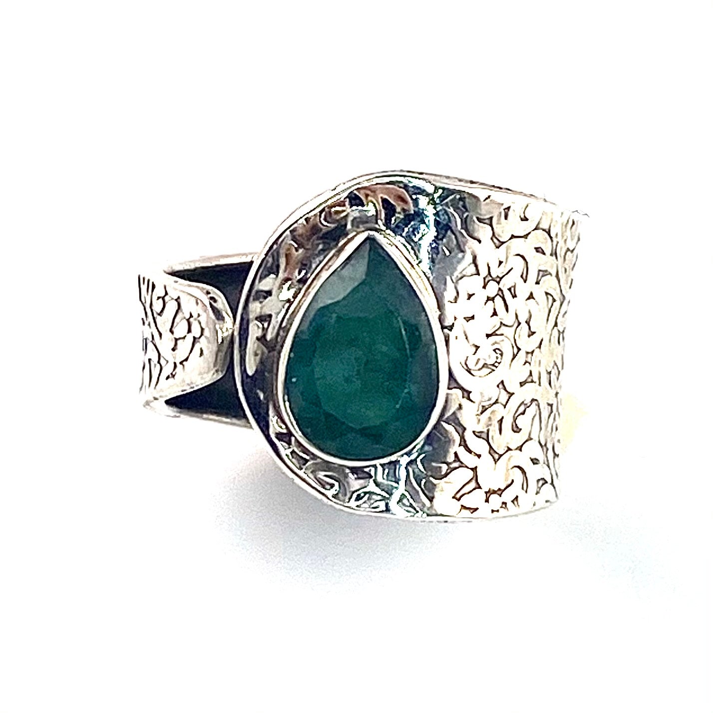 Emerald Sterling Silver Adjustable Textured Ring - Keja Designs Jewelry