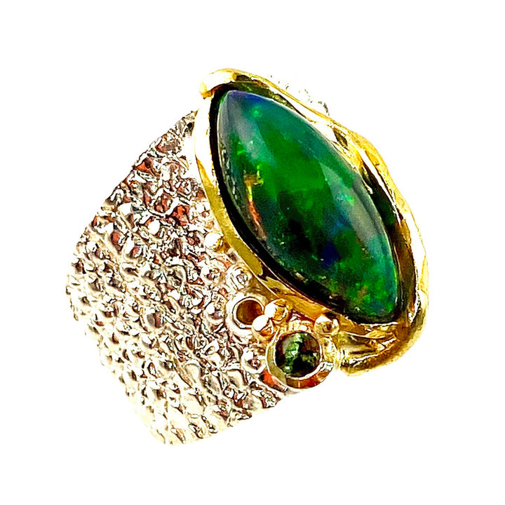 Black Opal Sterling Silver White &amp; Yellow Gold Band Ring - Keja Designs Jewelry