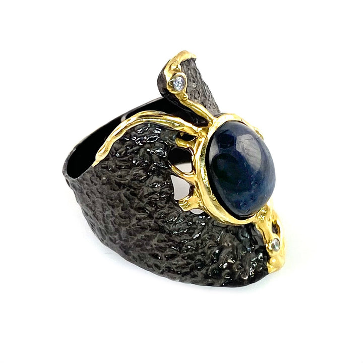 Star Sapphire Sterling Silver Rhodium &amp; Gold Cactus Skeleton Ring - Keja Designs Jewelry