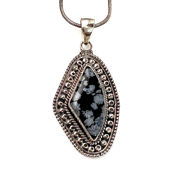 Snow Flake Obsidian Sterling Silver Diamond Pendant - Keja Designs Jewelry
