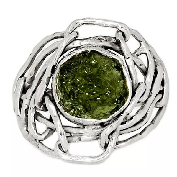 Moldavite Meteorite Industrial Sterling Silver Ring - Keja Designs Jewelry