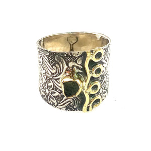Moldavite Meteorite Sterling Silver Two-Tone Band Ring - Keja Designs Jewelry