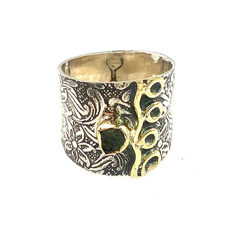 Moldavite Meteorite Sterling Silver Two-Tone Band Ring - Keja Designs Jewelry