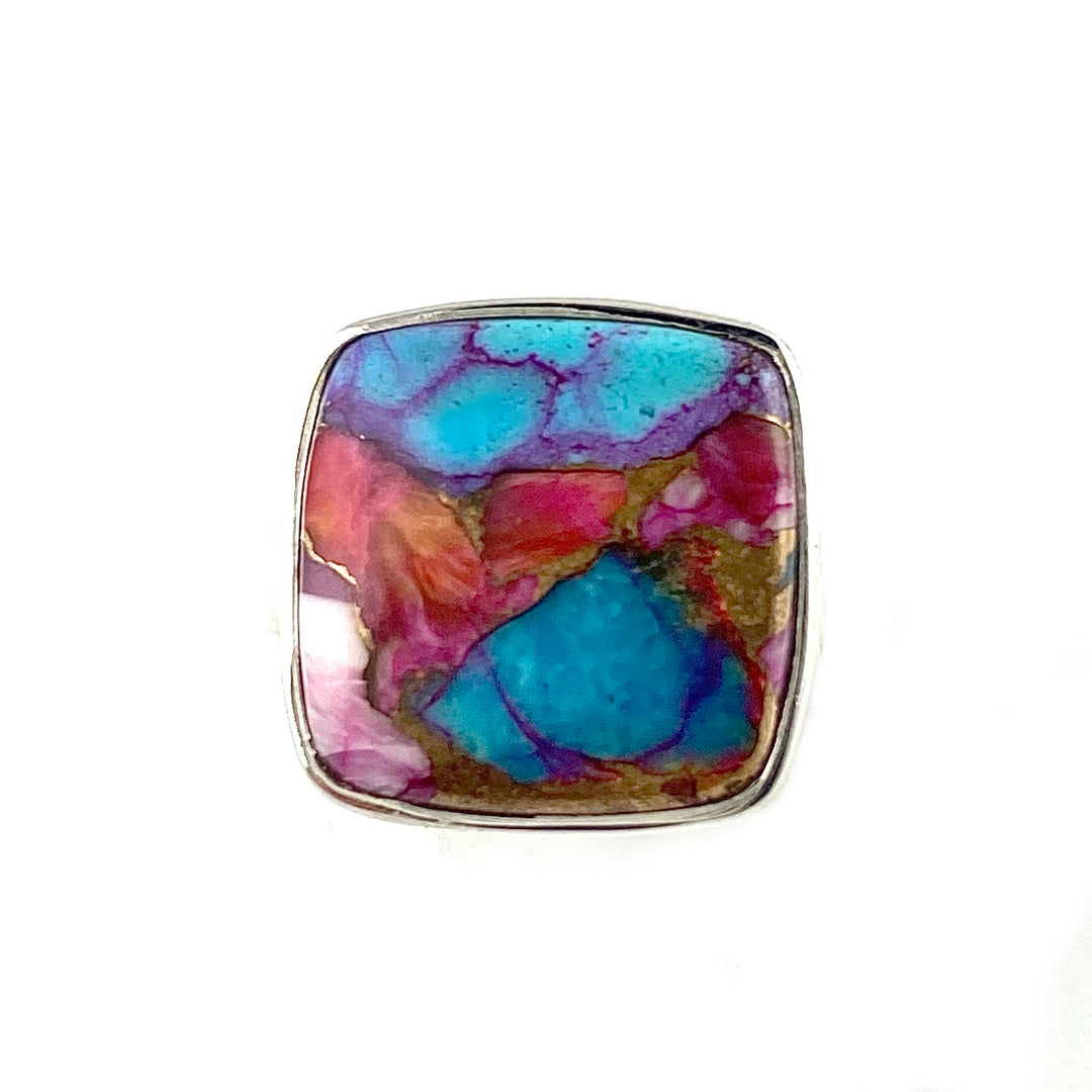 Kingman Dahlia Turquoise Sterling Silver Square Ring - Keja Designs Jewelry