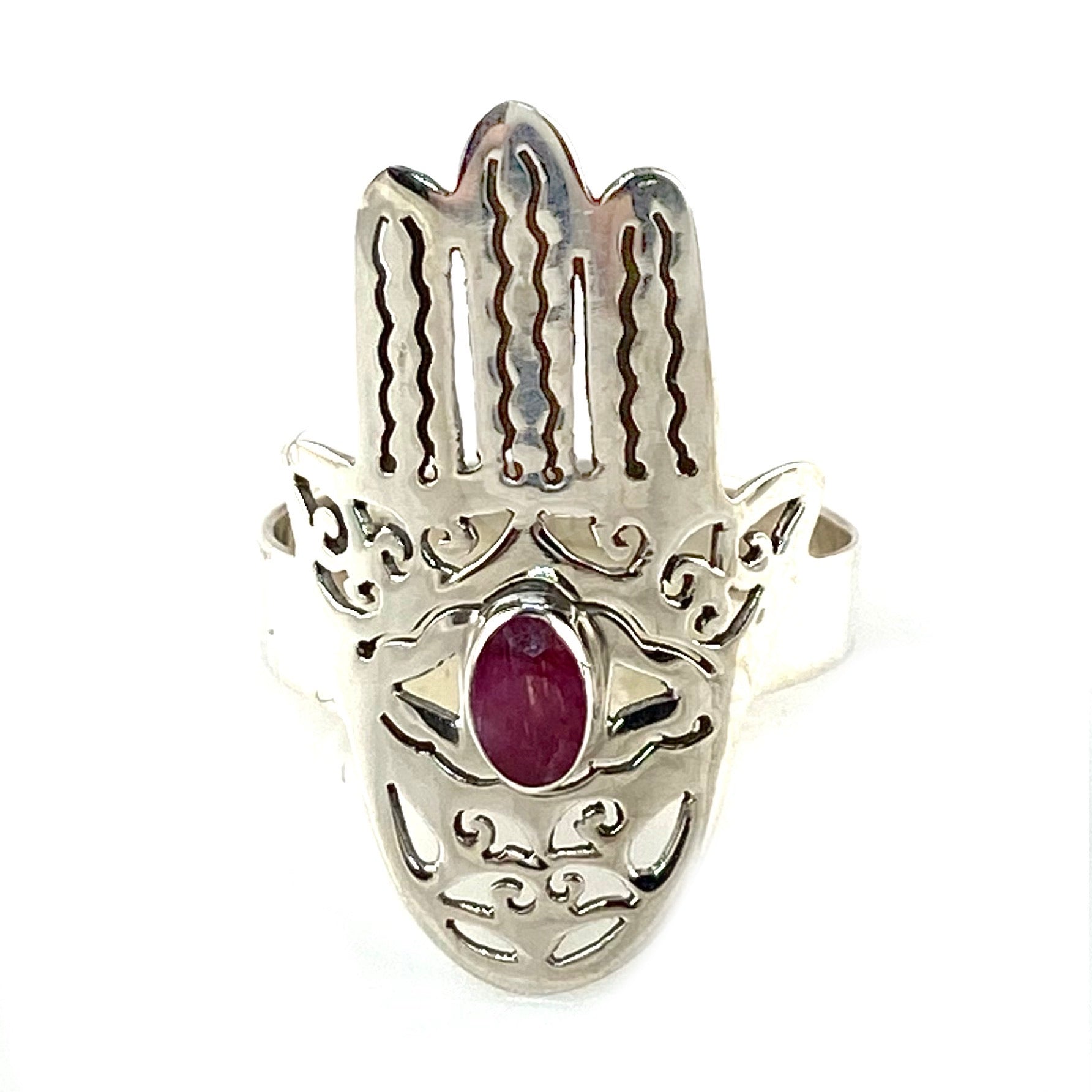 Ruby Sterling Silver Hamsa Hand Ring - Keja Designs Jewelry