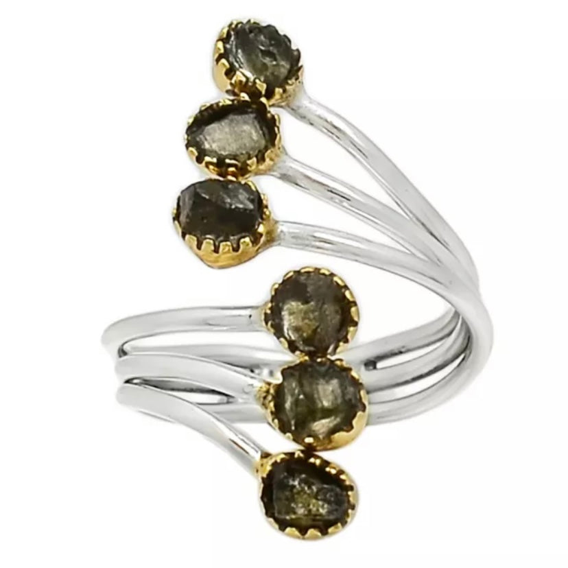 Moldavite Meteorite Sterling Silver Two Tone Adjustable Ring - Keja Designs Jewelry