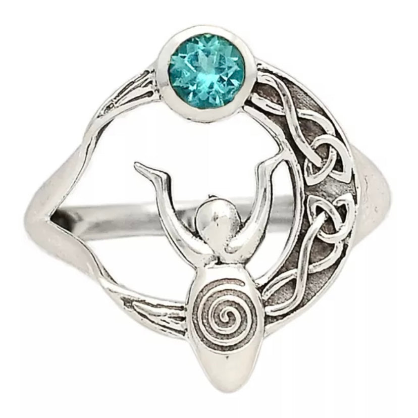 Faceted Blue topaz Sterling Silver Moon Goddess Ring - Keja Designs Jewelry