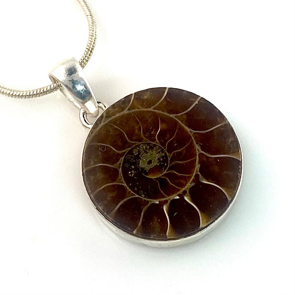 Ammonite Sterling Silver Round Pendant - Keja Designs Jewelry