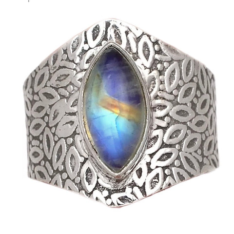 Moonstone Sterling Silver Vine Pattern Band Ring - Keja Designs Jewelry