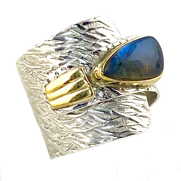 Labradorite Two Tone Sterling Silver Adjustable Wrap Ring - Keja Designs Jewelry