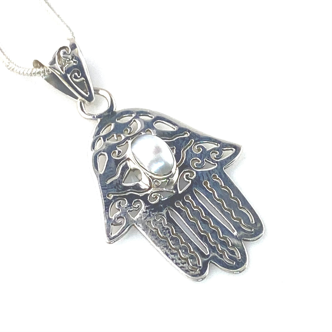 Pearl Sterling Silver Hamsa Hand Pendant - Keja Designs Jewelry
