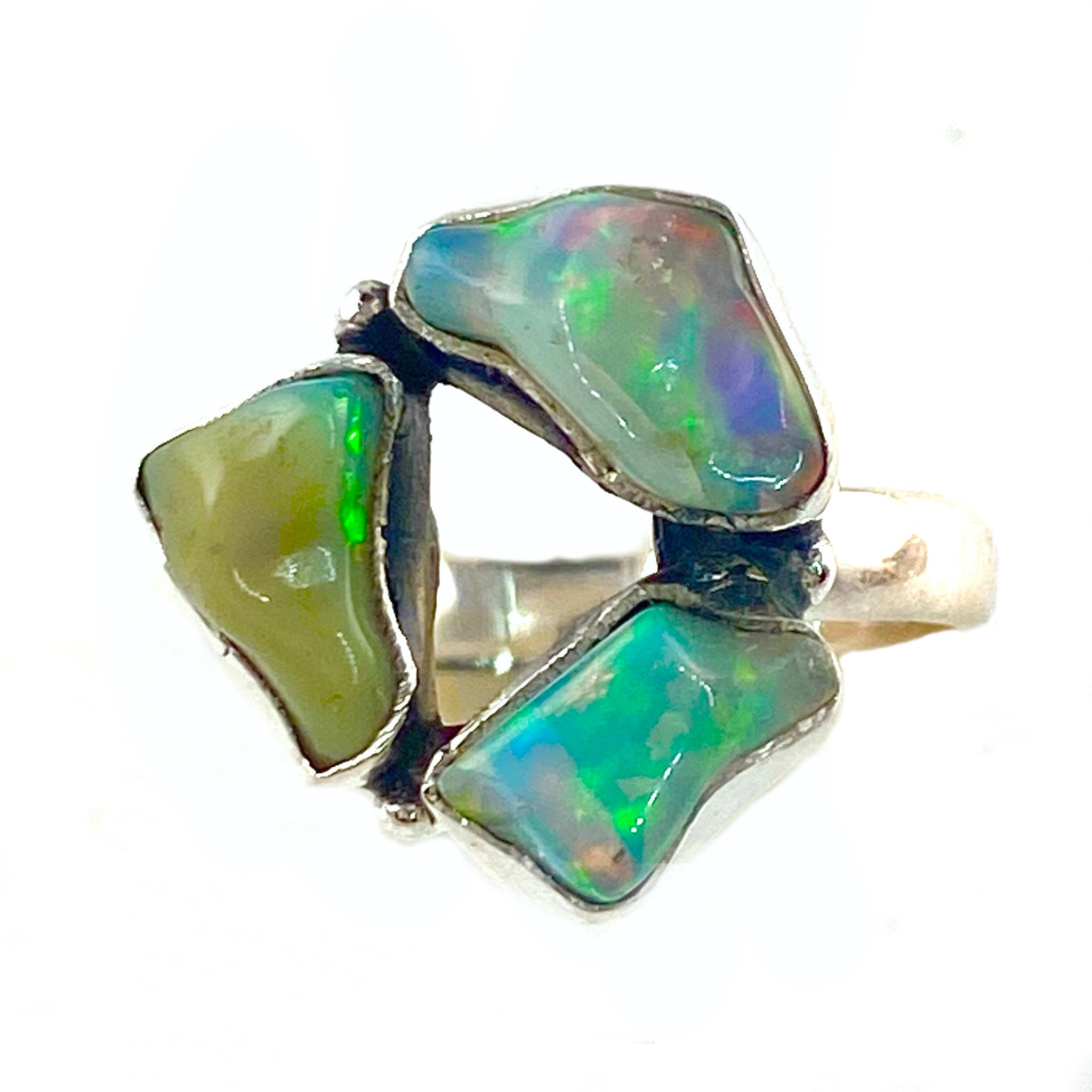 Ethiopian Opal Rough Sterling Silver Tri-Stone Ring - Keja Designs Jewelry