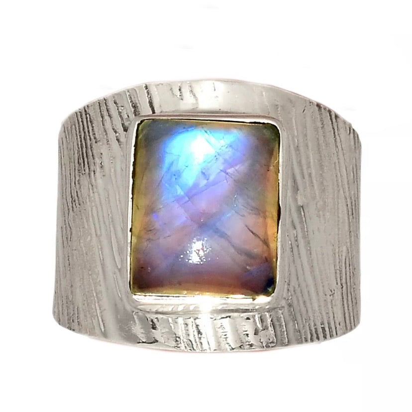 Moonstone Square Sterling Silver Textured Band Ring - Keja Designs Jewelry