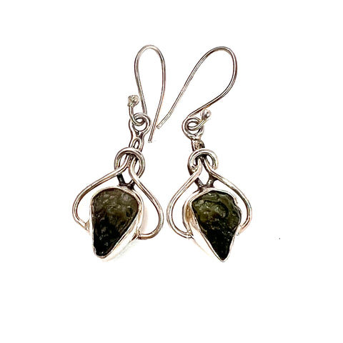 Moldavite Rough Sterling Silver Knotted Earrings - Keja Designs Jewelry