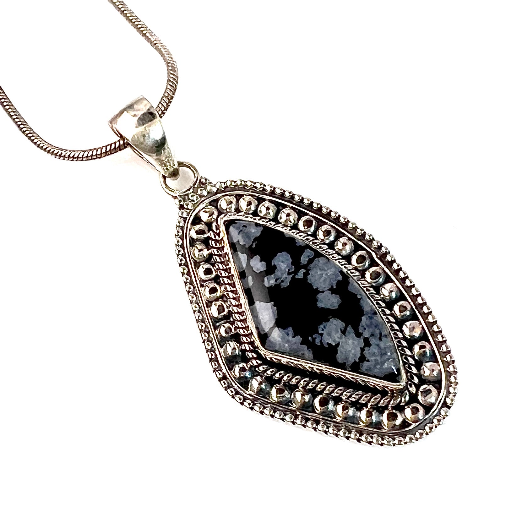 Snow Flake Obsidian Sterling Silver Diamond Pendant - Keja Designs Jewelry
