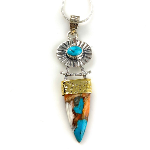 Spiny Oyster Turquoise & Blue Turquoise Sterling Silver Two Tone Pendant - Keja Designs Jewelry