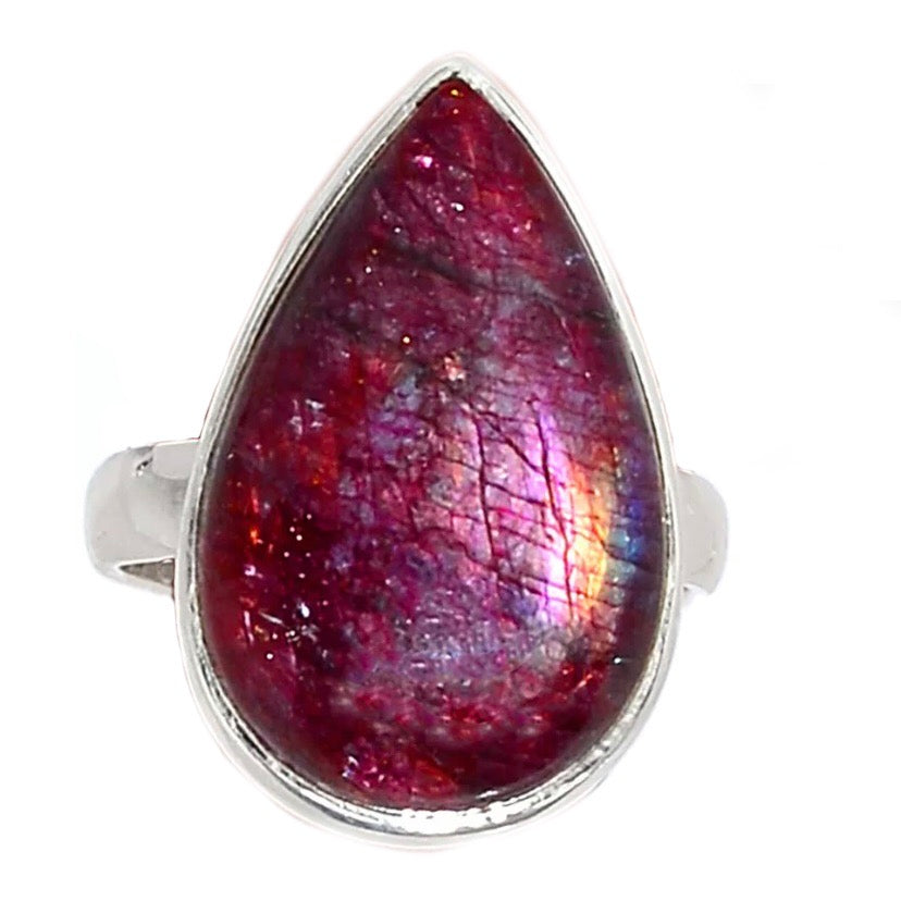 Red Flash Labradorite Sterling Silver Pear Shaped Ring - Keja Designs Jewelry