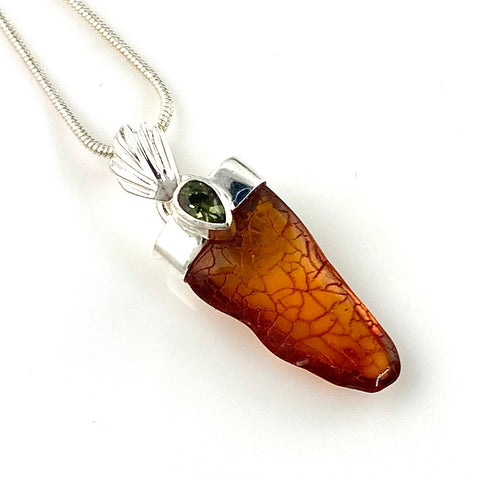 Baltic Amber & Moldavite Sterling Silver Pendant - Keja Designs Jewelry