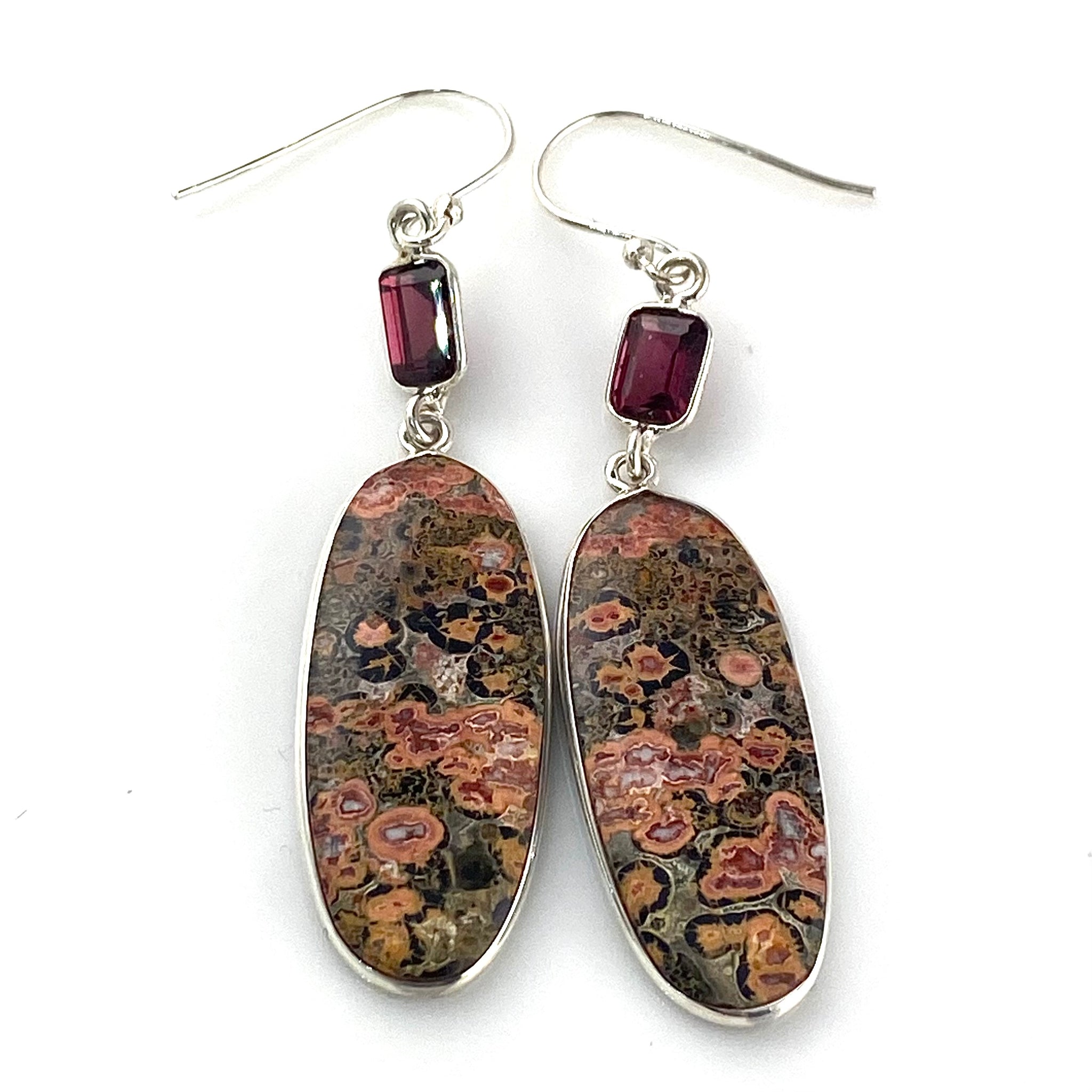 Leopard Jasper & Garnet Sterling Silver Oval Earrings - Keja Designs Jewelry