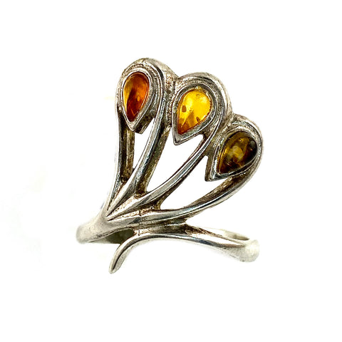 Baltic Amber Three Stone Sterling Silver Ring - Keja Designs Jewelry