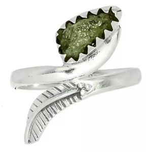 Moldavite Rough Leaf Sterling Silver Adjustable Ring - Keja Designs Jewelry