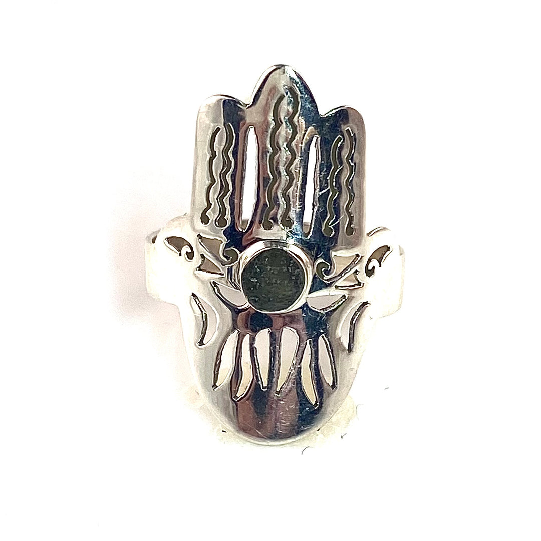 Moldavite Rough Sterling Silver Hamsa Hand Ring - Keja Designs Jewelry