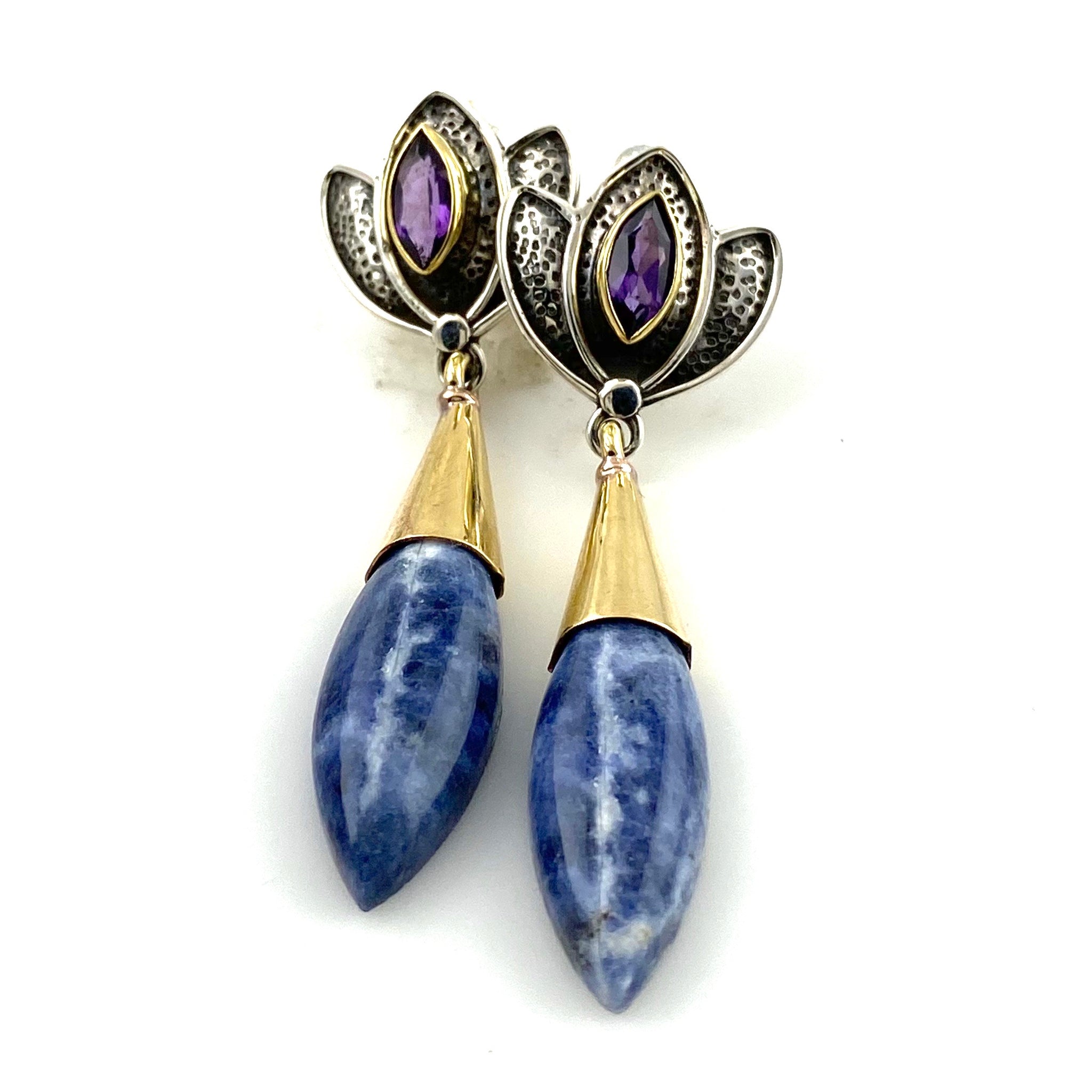 Sodalite & Amethyst Sterling Silver Two Tone Lotus Earrings - Keja Designs Jewelry