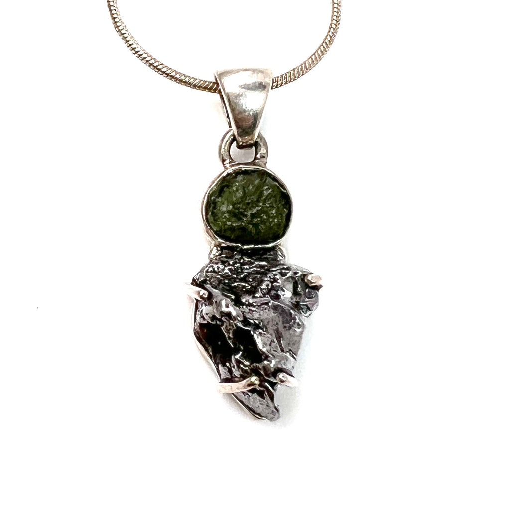 Moldavite & Campo de Cielo Meteorite Sterling Silver Point Pendant