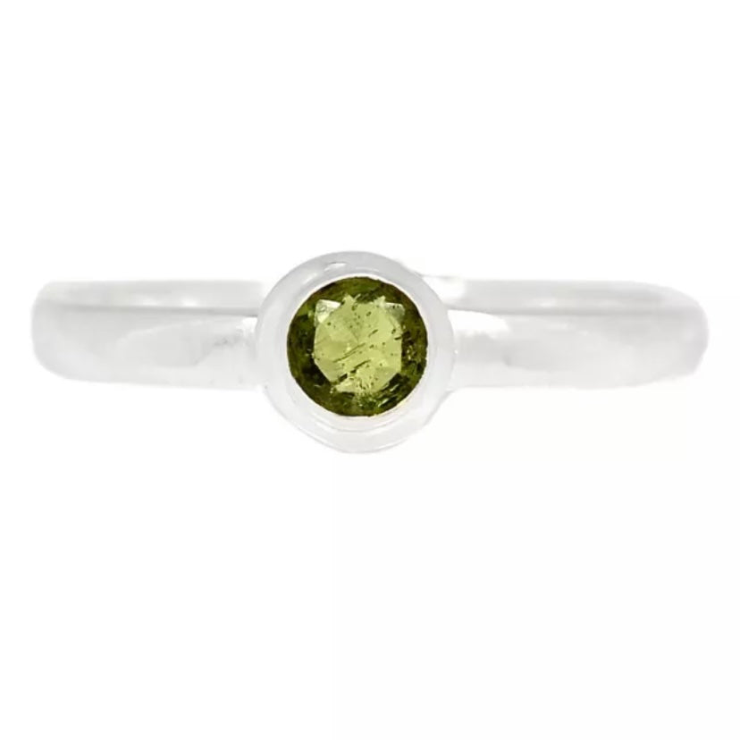 Faceted Moldavite Meteorite Sterling Silver Round Ring - Keja Designs Jewelry