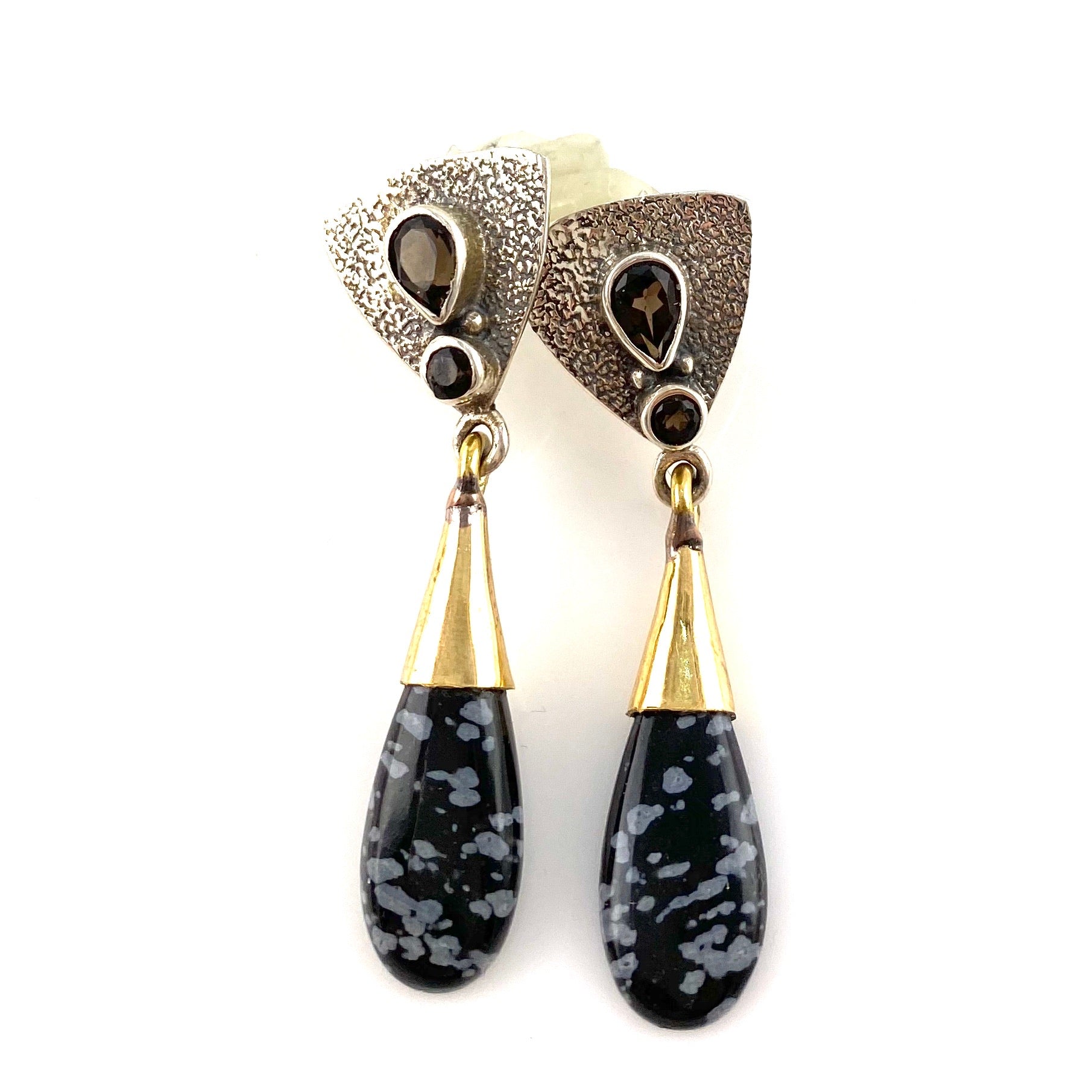 Snow Flake Obsidian & Smoky Quartz Sterling Silver Two Tone Earrings - Keja Designs Jewelry