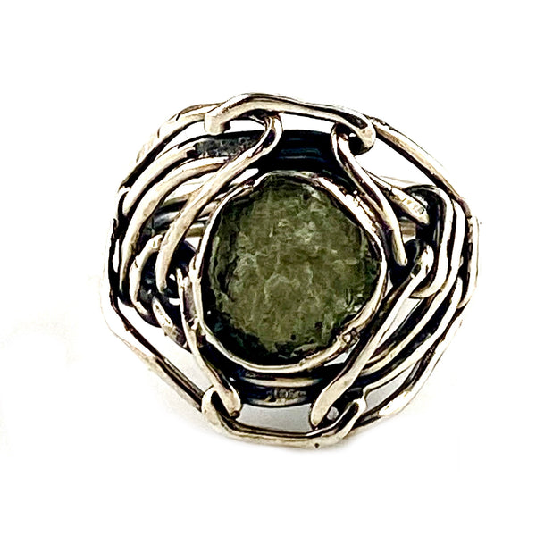 Moldavite Meteorite Industrial Sterling Silver Ring - Keja Designs Jewelry