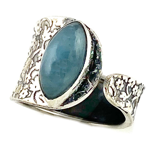 Aquamarine Sterling Silver Adjustable Floral Pattern Ring - Keja Designs Jewelry