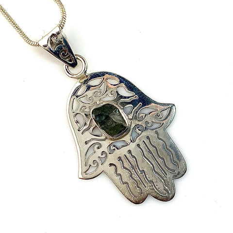 Moldavite Rough Sterling Silver Hamsa Hand Pendant - Keja Designs Jewelry