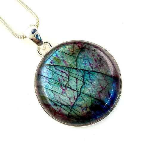 Red Flash Labradorite Sterling Silver Round Pendant - Keja Designs Jewelry