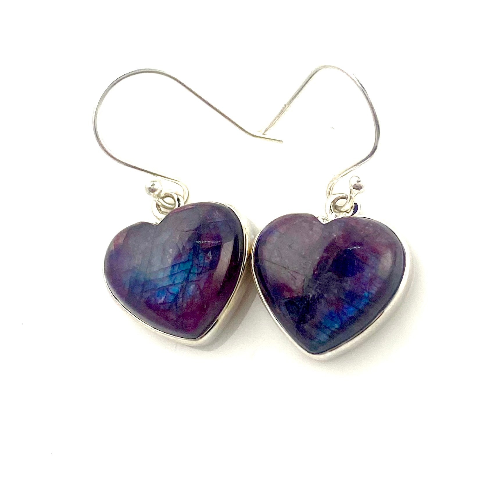 Red Flash Labradorite Sterling Silver Heart Earrings - Keja Designs Jewelry