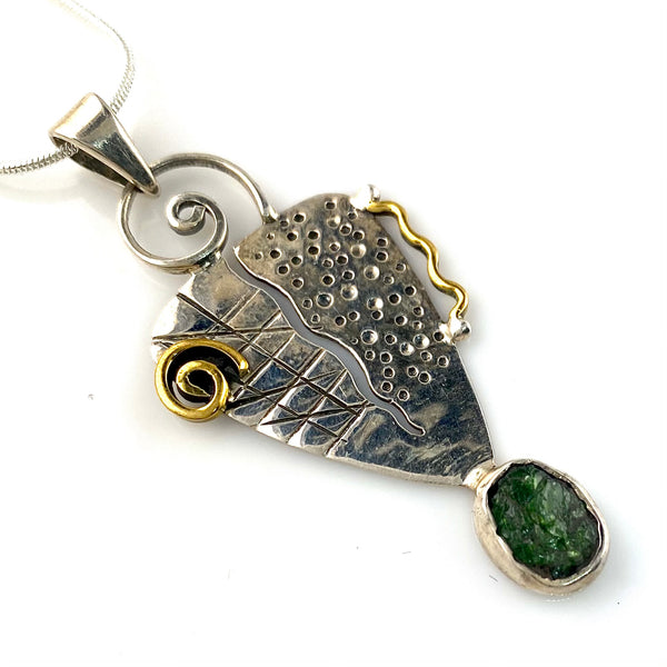 Moldavite Sterling Silver Two Tone  Hieroglyphic  Pendant - Keja Designs Jewelry