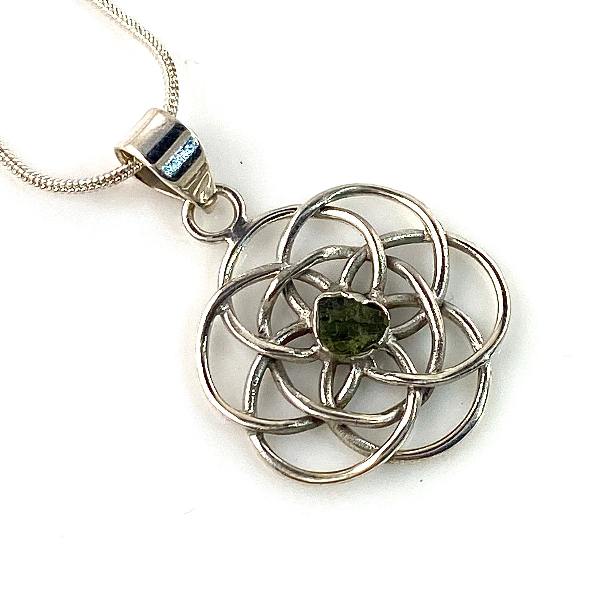 Moldavite Meteorite Rough Sterling Silver Sacred Geometry Mandala Pendant - Keja Designs Jewelry
