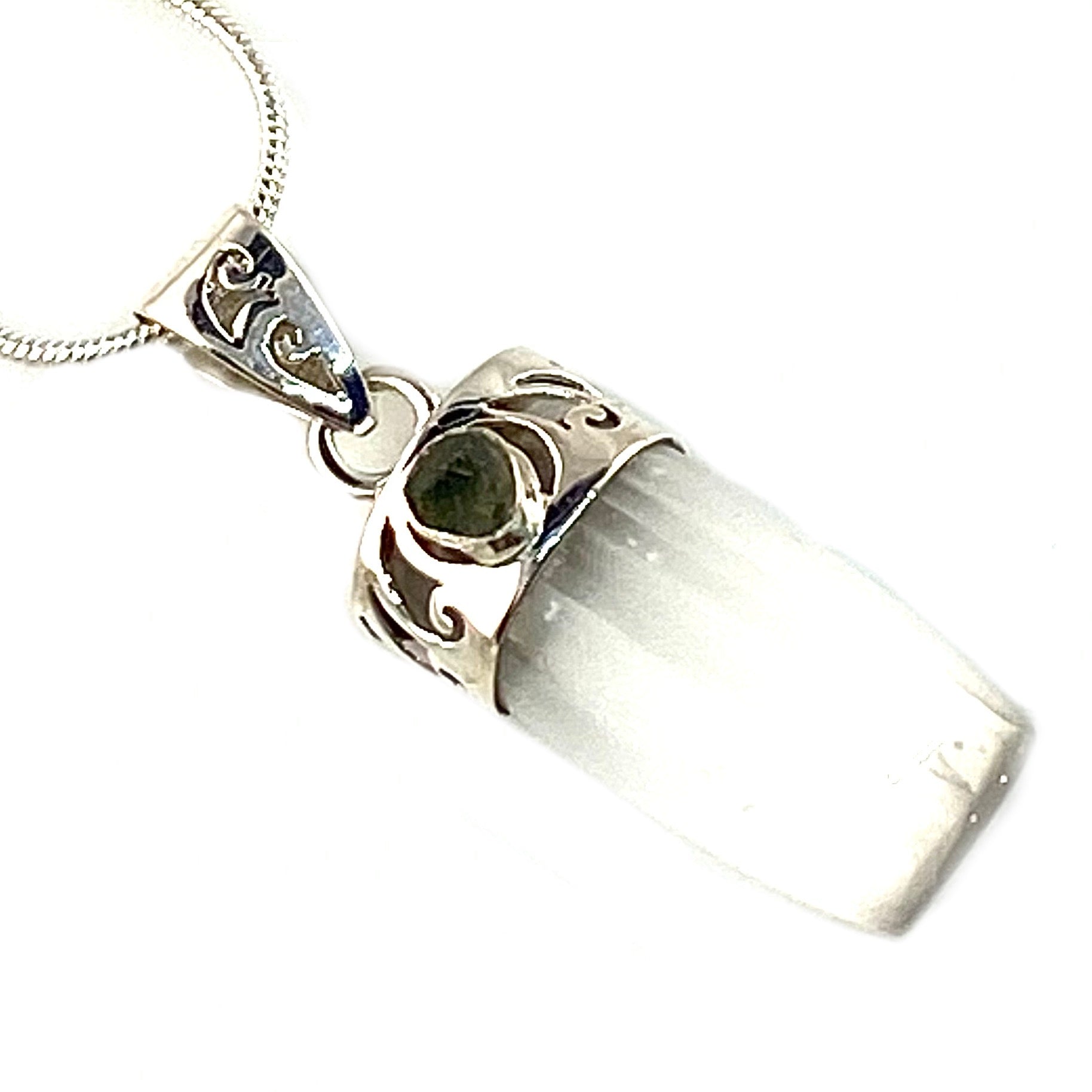 Selenite & Moldavite Rough Sterling Silver Pendant - Keja Designs Jewelry