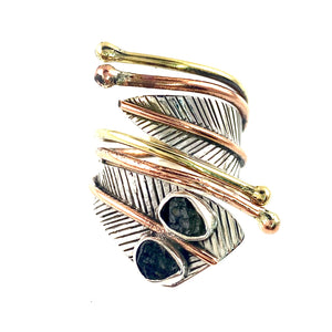 Moldavite Three Tone Sterling Silver Adjustable Leaf Wrap Ring - Keja Designs Jewelry
