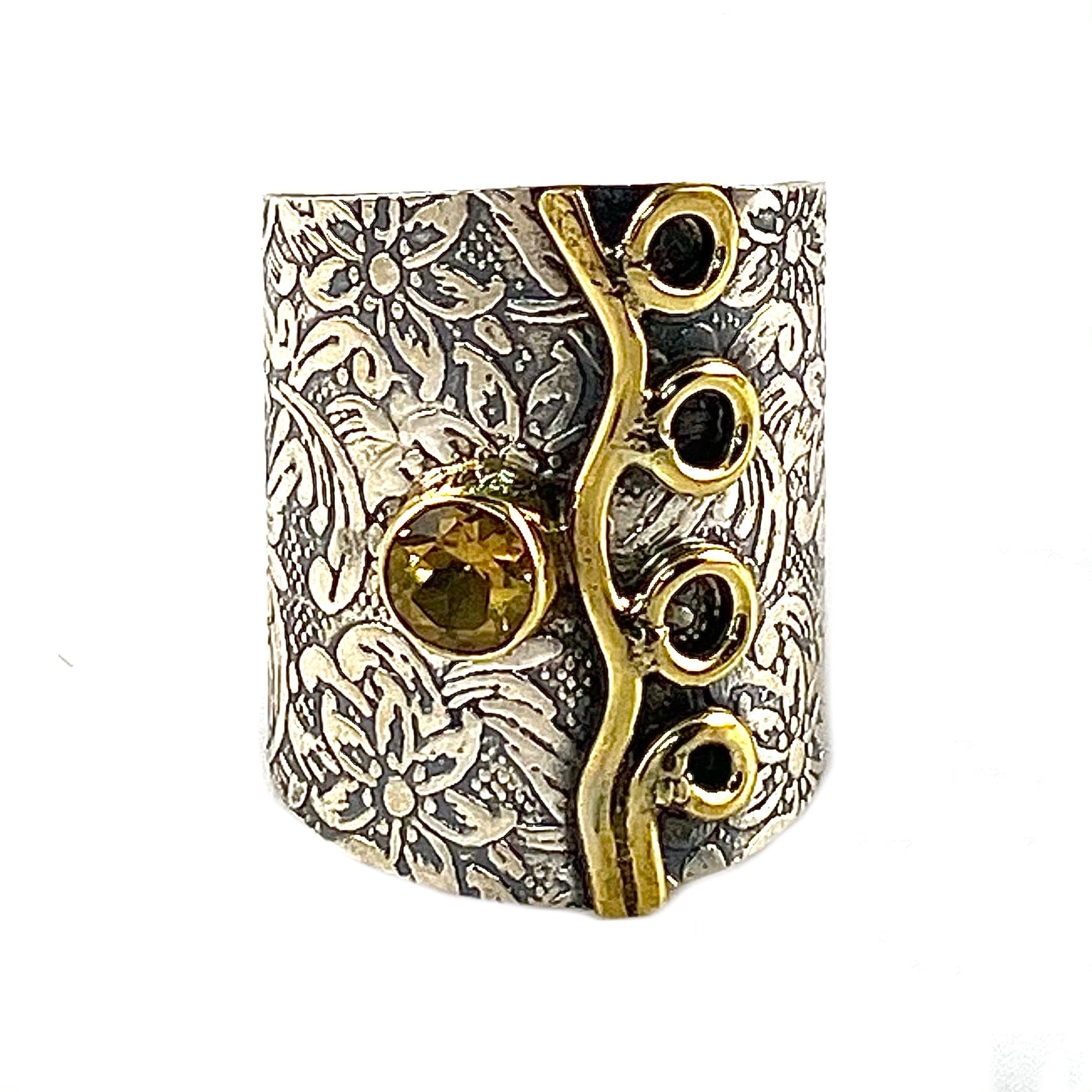 Two Tone Artisan Citrine Wide Band Ring - Keja Designs Jewelry