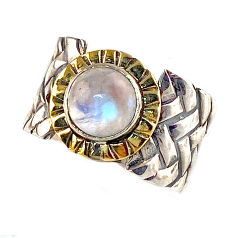Moonstone Two Tone Sterling Silver Woven Band Ring - Keja Designs Jewelry