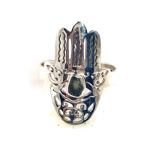 Moldavite Rough Sterling Silver Hamsa Hand Ring - Keja Designs Jewelry