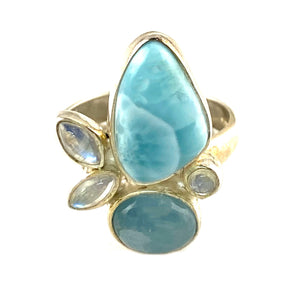 Larimar, Moonstone & Aquamarine Sterling Silver Collage Ring - Keja Designs Jewelry