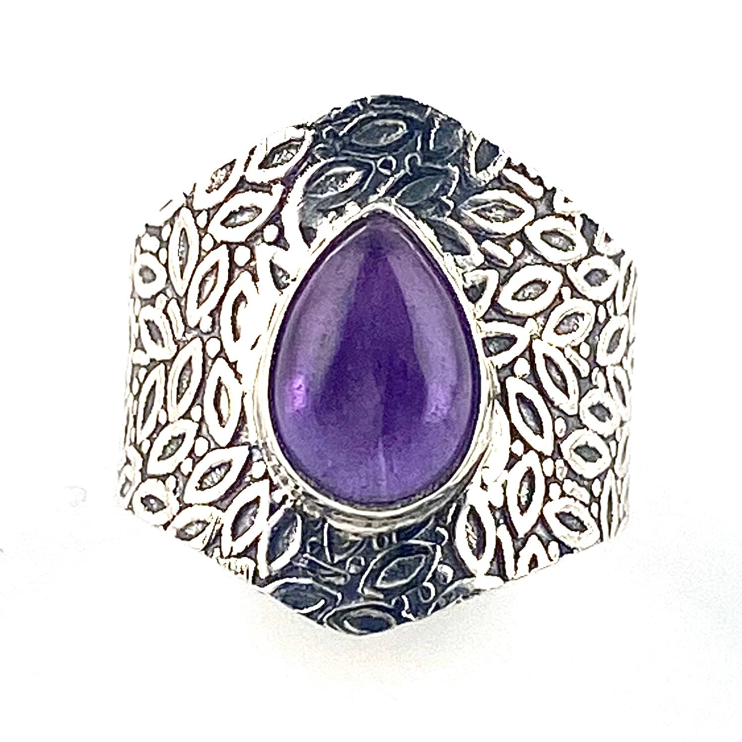 Amethyst Sterling Silver Vine Pattern Band Pear Ring - Keja Designs Jewelry