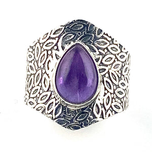 Amethyst Sterling Silver Vine Pattern Band Pear Ring - Keja Designs Jewelry