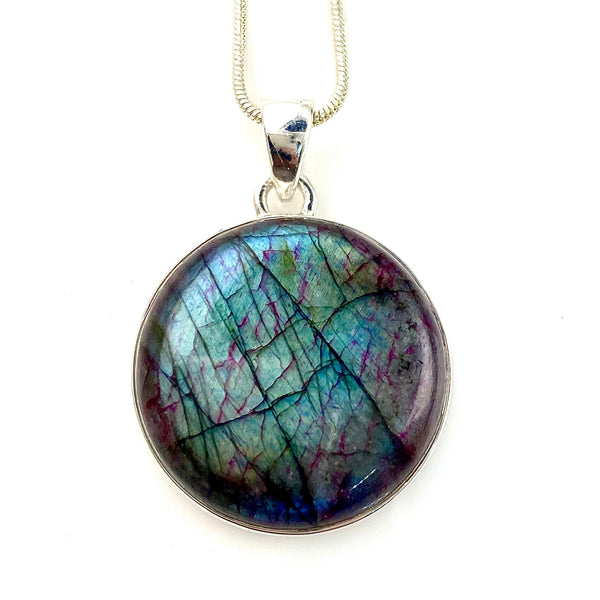 Red Flash Labradorite Sterling Silver Round Pendant - Keja Designs Jewelry