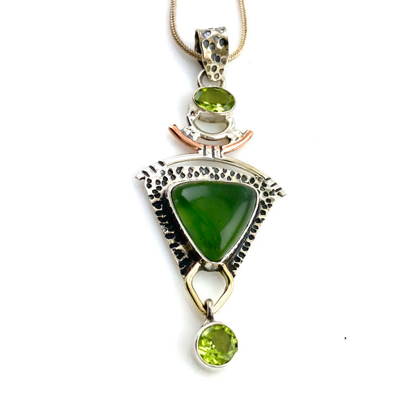 Nephrite Jade & Peridot Sterling Silver Three Tone Pendant - Keja Designs Jewelry