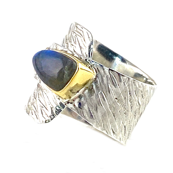 Labradorite Two Tone Sterling Silver Adjustable Wrap Ring - Keja Designs Jewelry