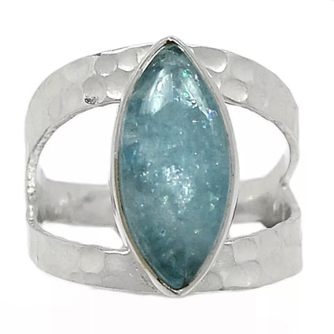 Aquamarine Hammered Sterling Silver Marquise Ring - Keja Designs Jewelry